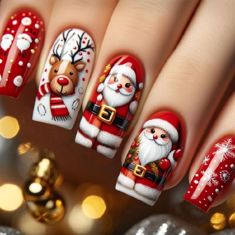 

Santa Claus Artificial Nails Snowflake False Nails Christmas Press On Nails Lovely Reindeer Full Cover Stick on Nails 1