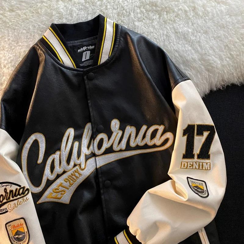 American retro letter embroidery leather jackets coats women's 2024 new street trend all-match baseball uniform couple loose top