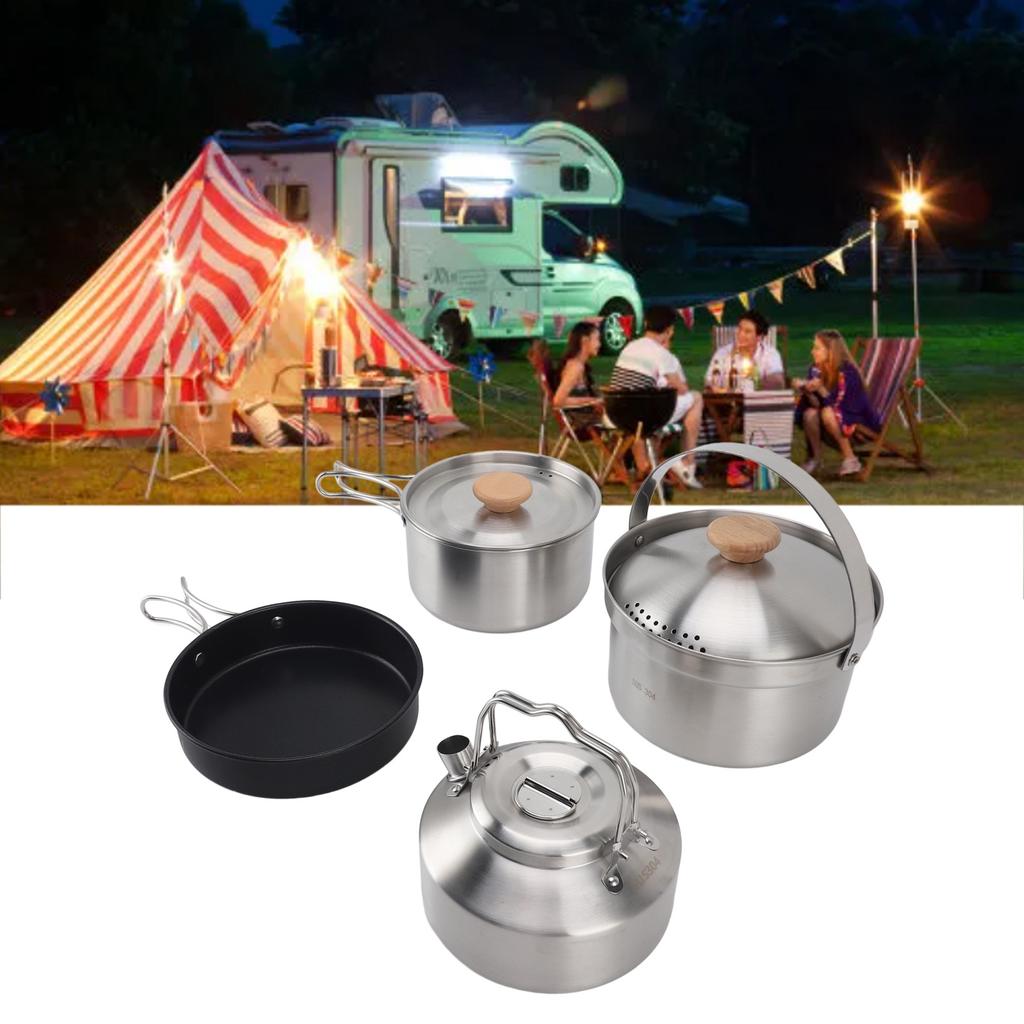 Camping Cookware, Stainless Steel Kettle Kit, Portable Camping Pot, Frying Pan and Kettle, Outdoor Cooking Set for Camping