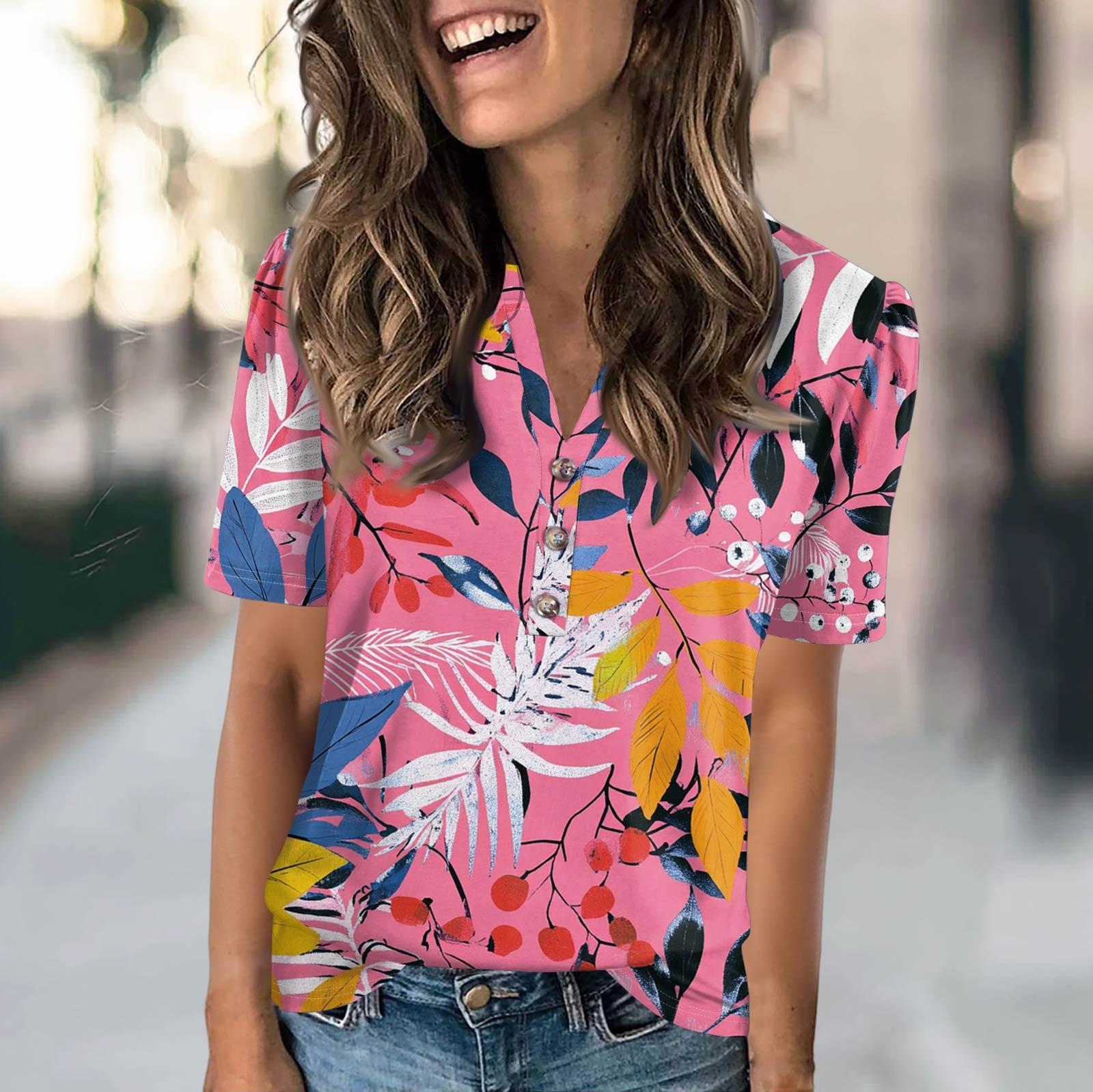 

Женская модная повседневная футболка с полосатым принтом и V-образным вырезом, коротким рукавом, на пуговицах L розовый