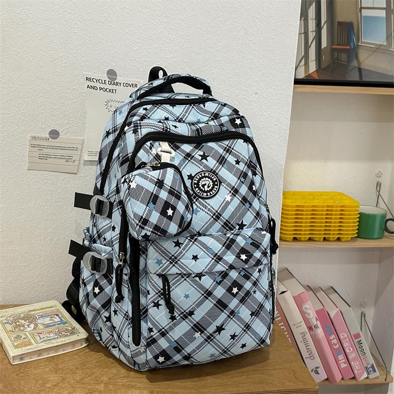 Large Capacity Plaid Backpack Women's Star Printed Student School Bag with Coin Purse