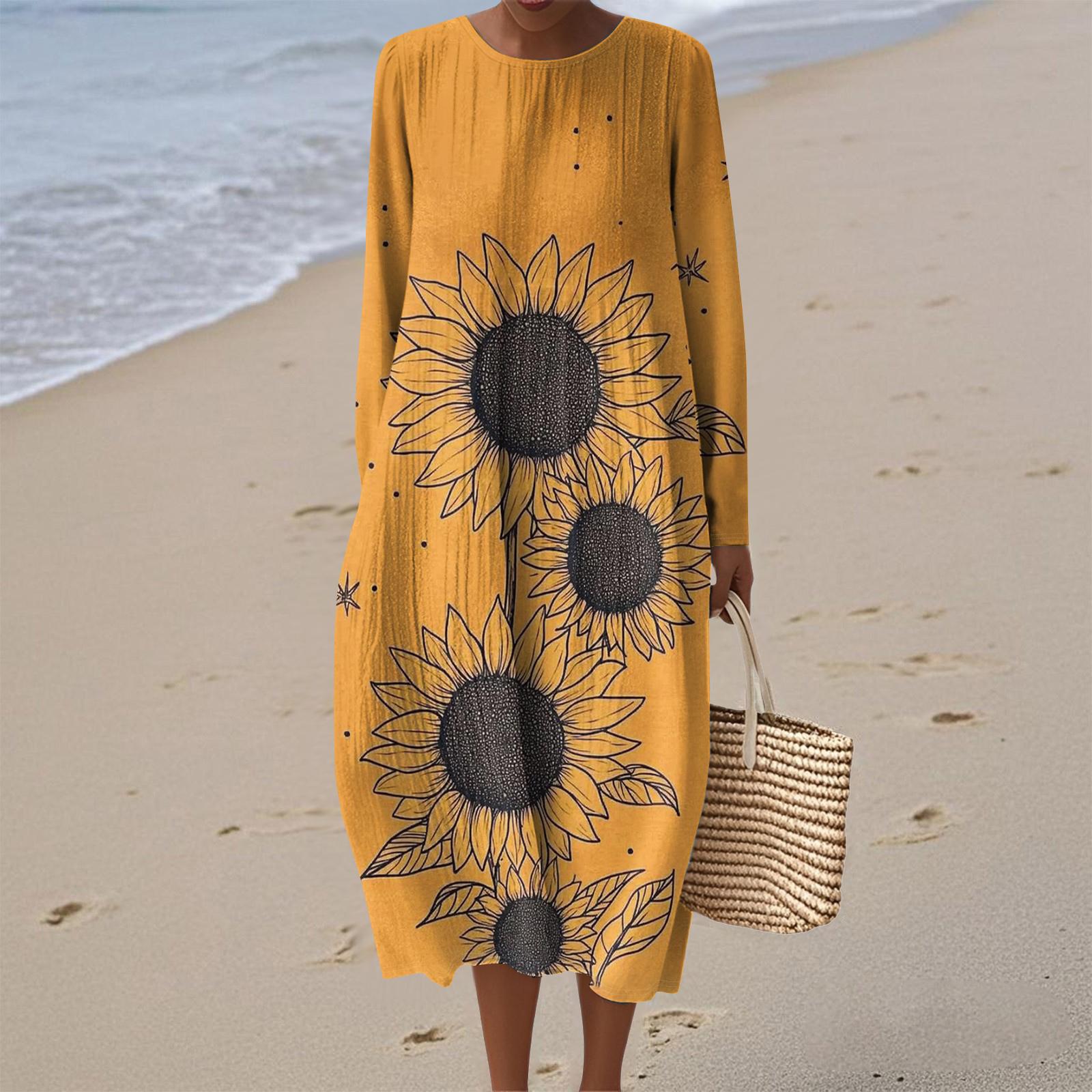 

Women s Fashionable Casual Long-Sleeved Round Neck Floral Print Zipper Dress M оранжевый