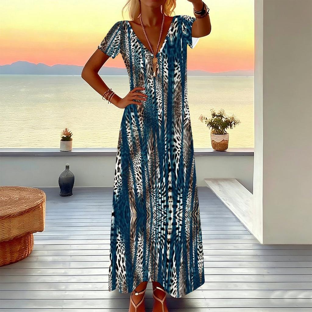 Women Plus Size V Neck Short Sleeve Maxi Dress Turquoise Vertical Leopard Print Loose Summer Vacation Long Dress