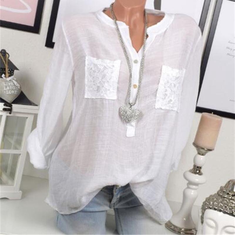 Chic Lace Shirt Autumn Women V-neck Long Blouse Loose Plus Size Sleeve S-5xl