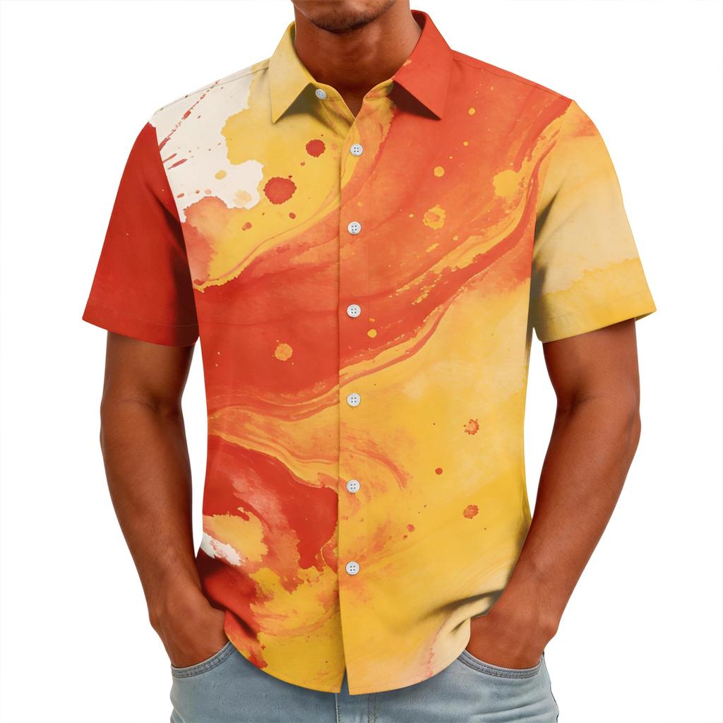 Men's Casual Short Sleeve Button Down Shirt Fashionable National Team Style Abstract Ink Print Summer Vacation Shirt