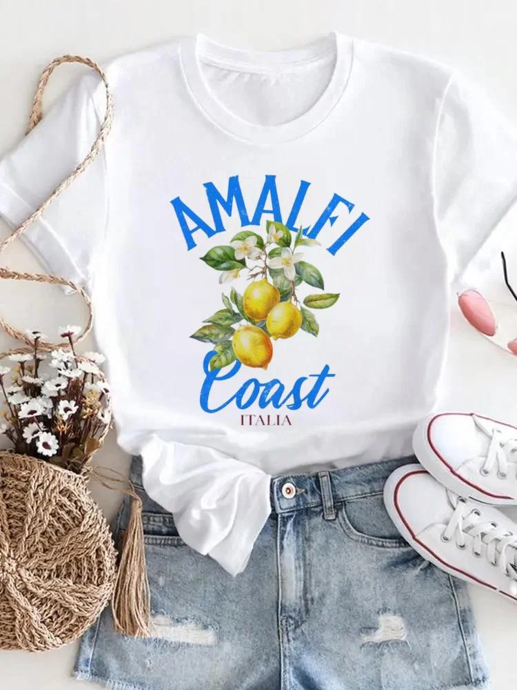 Camiseta de Verano de Manga Corta con Estampado Casual de Moda para Mujer con Patrón de Fruta de Limón, Ropa de Moda con Cuello Redondo de Tejido de Poliéster
