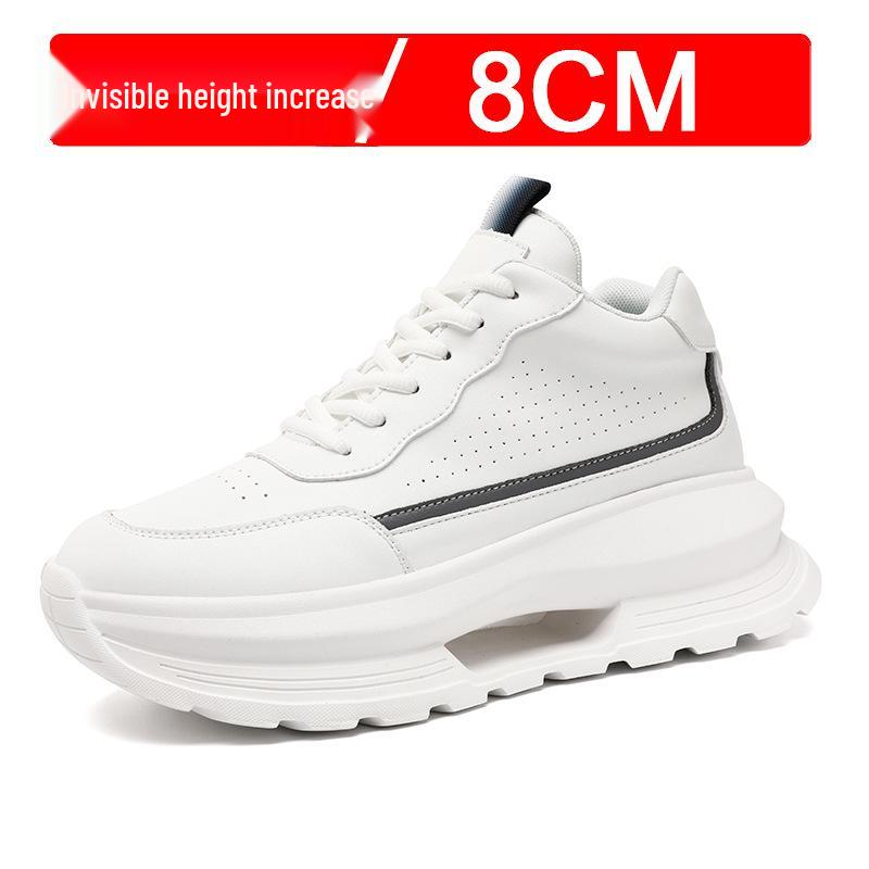 Men's White Hidden Lift Casual Sneakers, 10cm Height Boost, Thick Sole, Trendy Dad Shoes