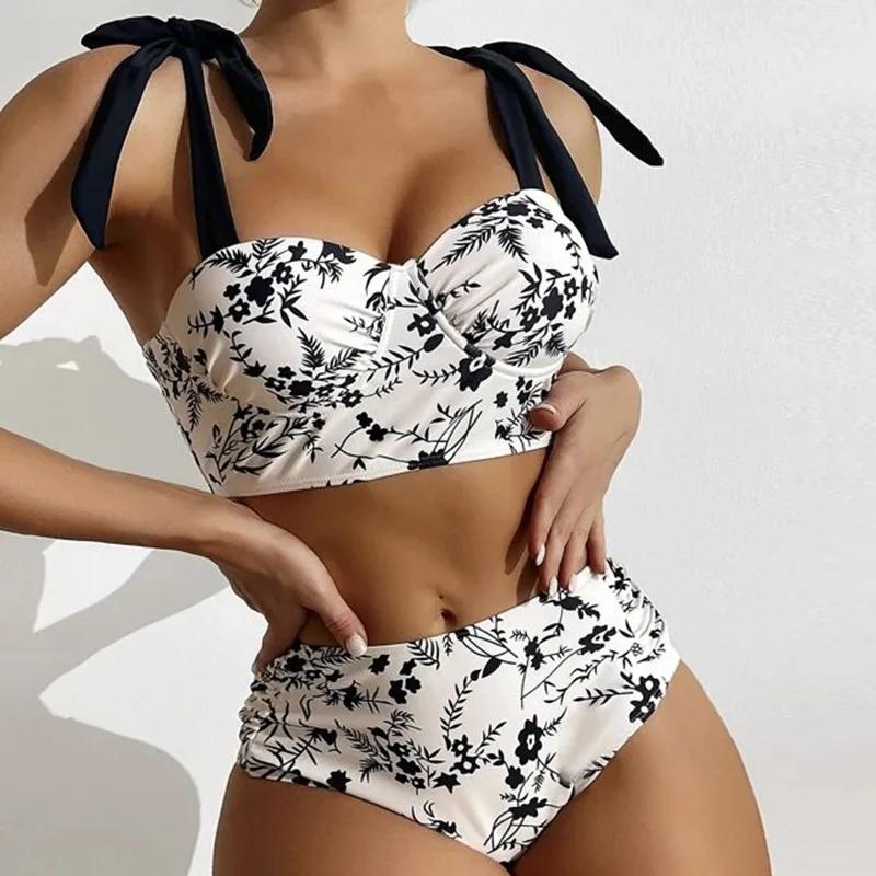 Sexy High-Waist Bikini Swimsuit Women's Small Chest Gathered Swimwear New Cross-Border Print Two-Piece Female Fashionable