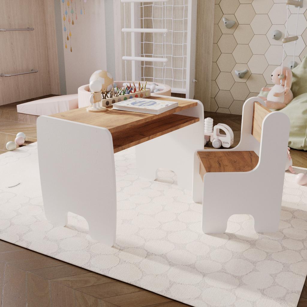 Children's Table + Chair Set - White/oak Craft Gold Color