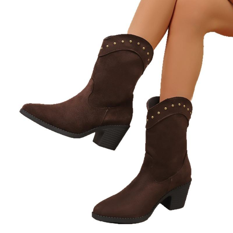 Rivet Pointed Toe British Style High Heel Fashion Boots Women's Winter 2025 New Plus Size Thick Heel Socket Martin Boots