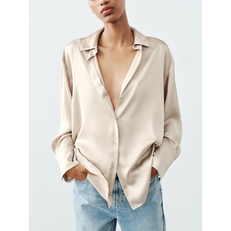 Za2024 Autumn New Women's Clothing Plaid Silk Satin Texture Classic Lapel Long Sleeve Shirt 8958581 250