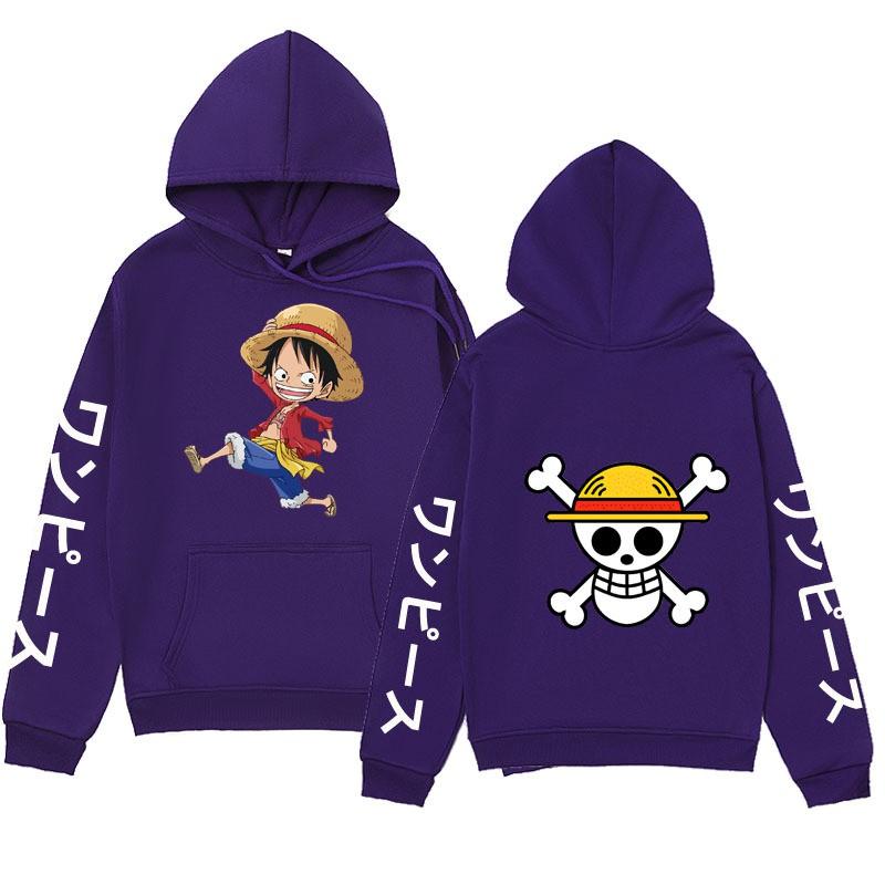 Mens One Piece Luffy Printed Hoodie Streetwear Anime Sweatshirt Winter Fleece Lined Oversized Pullover