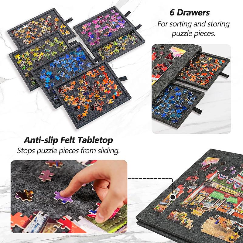 Foldable Children's Puzzle Table with Stand, Cover, and 6 Drawers