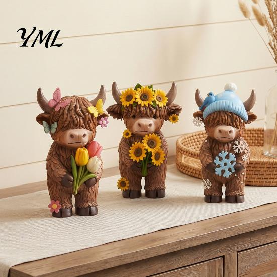 Highland Cow Figurine 4 Pcs Seasonal Figurines, Spring Summer Fall Winter Miniature Farm Decor Seasons Scottish Statue, Resin Table Centerpiece