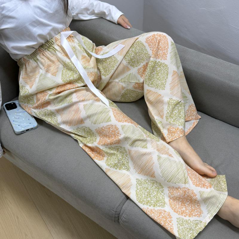 Damen-Blumen-Baumwoll-Seiden-Pyjama - Große Größen, Sommer, Leicht, Für draußen, Gerades Bein, Lockerer Schnitt