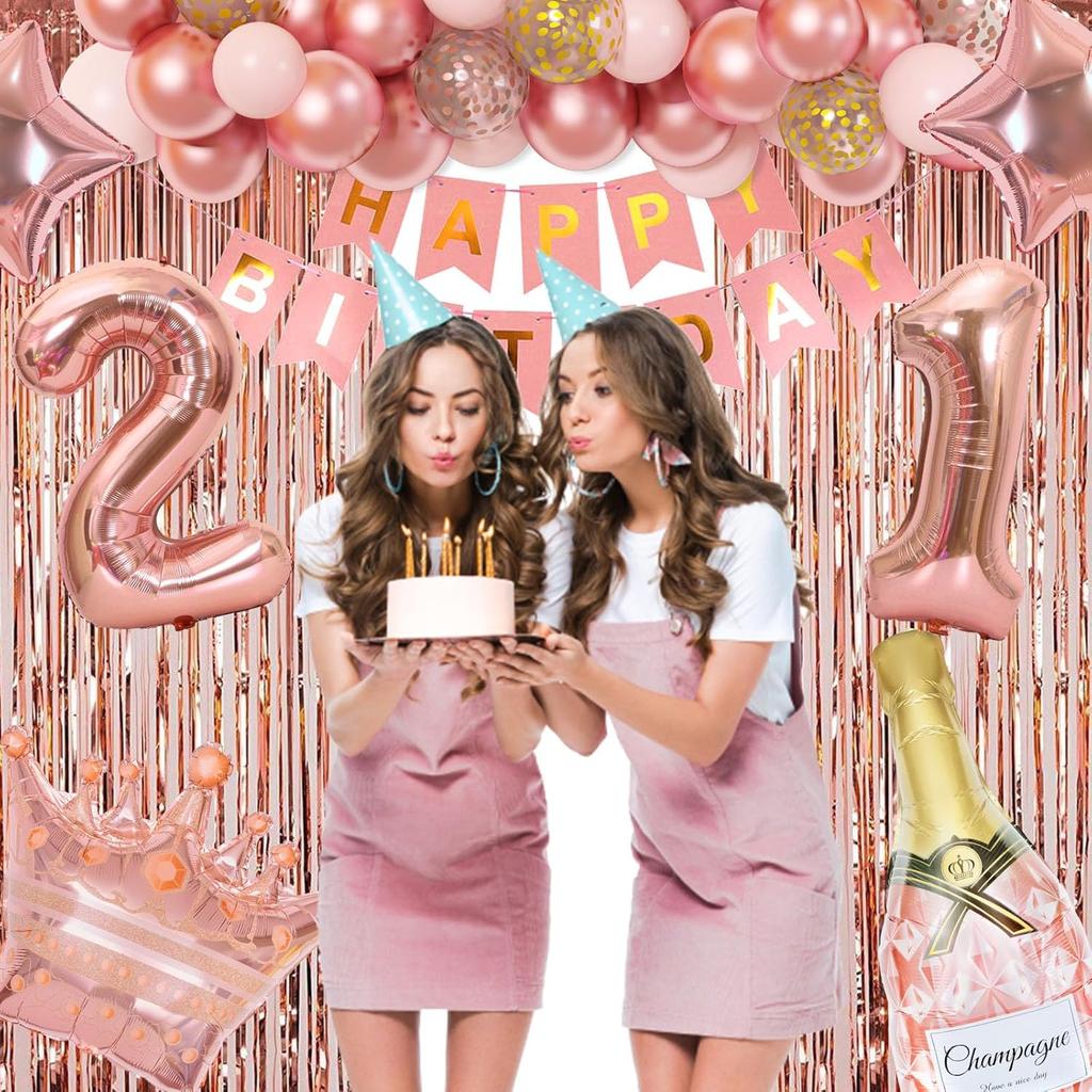 Ouddy Life 21st Birthday Decorations for Her - Rose Gold Party Supplies for Women Girls, Pink Happy Banner, Fringe Curtain, Butterfly Balloons
