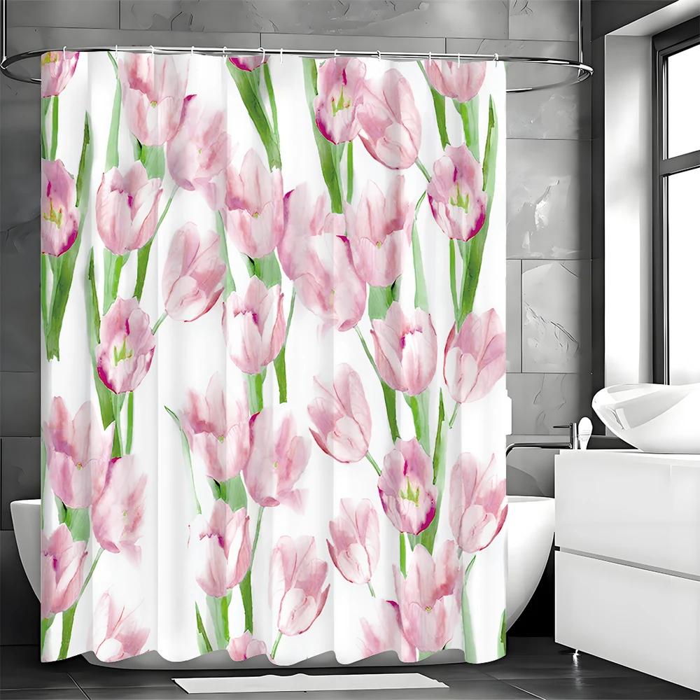 Pink Tulip Shower Curtain, Bathroom Decorative Shower Curtain, Waterproof Shower Curtain with Hooks