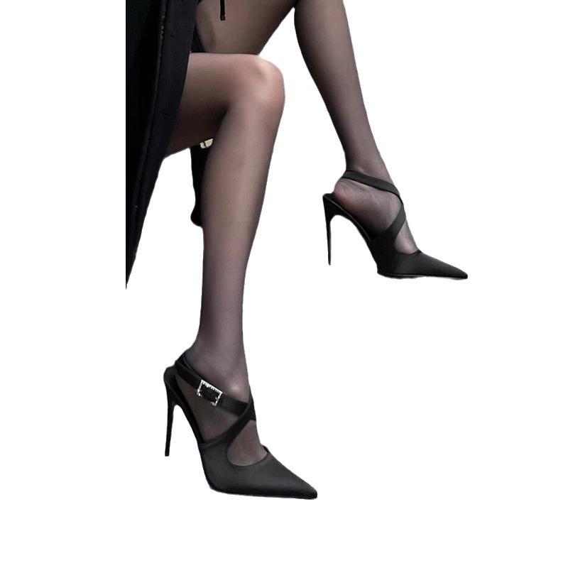 Baotou sandals women's spring 2025 black new nightclub style pointed silk black stiletto with dress high heels