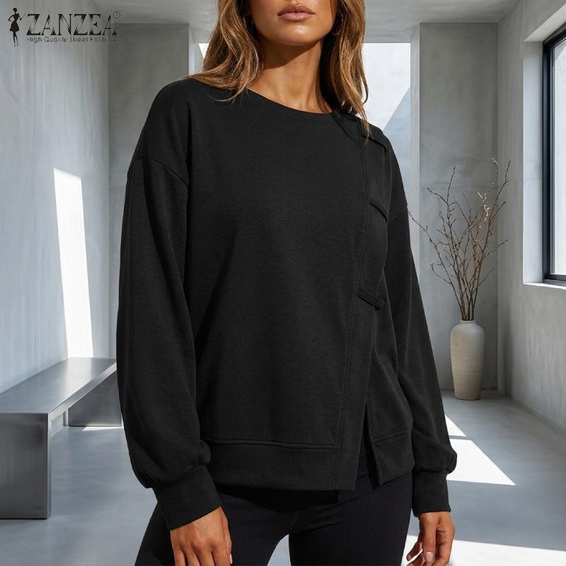 ZANZEA Women Casual Round Neck Long Sleeve Slit Pullover Sweatshirts