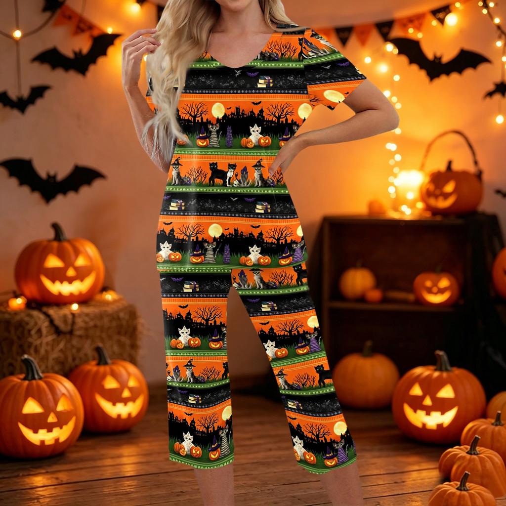 Women Halloween Two Piece Set Short Sleeve Top and Capri Pants Lounge Wear Pumpkin Print Casual Sleepwear Set