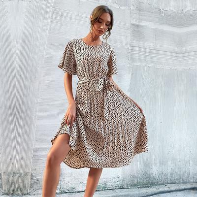 Moda damă vară primăvară imprimeu leopard cu mâneci scurte decolteu cu talie înaltă rochii casual