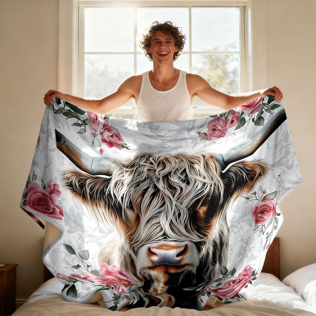 1pc Floral Highland Cow Print Flannel Blanket, Multi Size Casual And Comfortable Blanket, Machine Washable