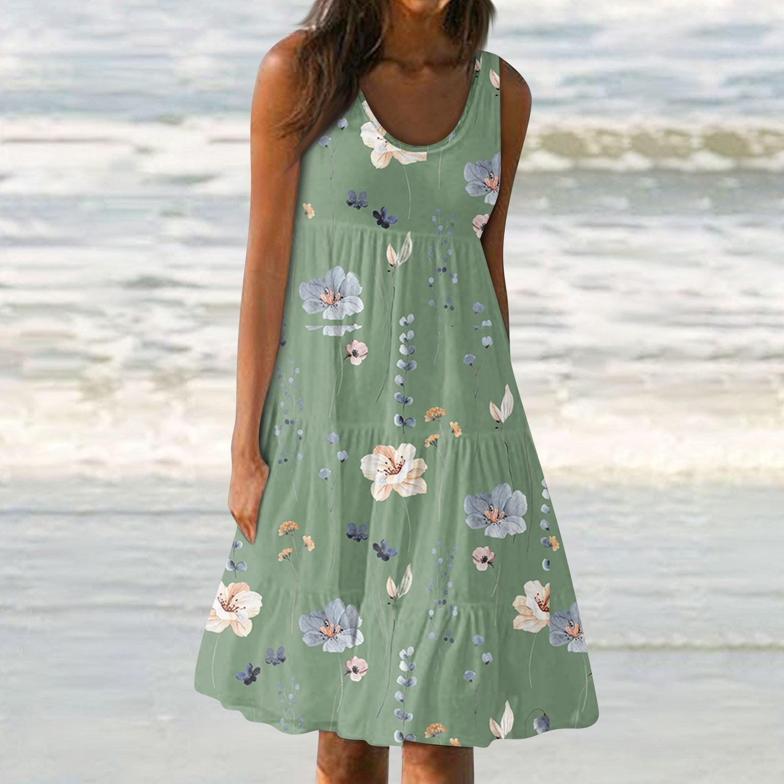 

Женские платья-жилеты Лето-весна Плиссированные богемные платья Симпатичные струящиеся пляжные платья без рукавов Прямая футболка Платья-майки Платья с круглым вырезом XXL