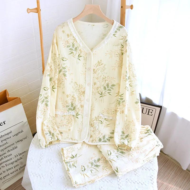 

Хлопковый кардиган с V-образным вырезом, одежда для сна для женщин, весна и осень, длинные рукава, длинные брюки, женская пижама, домашний костюм XL