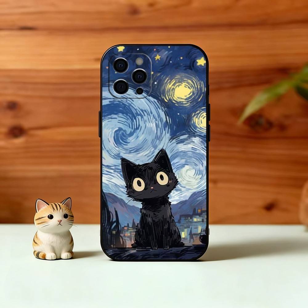 Cute Black Cat Illustration Phone Case For iPhone 17, 16,15,14,13,12,11 Plus,Pro Max, Others Soft Black Cover
