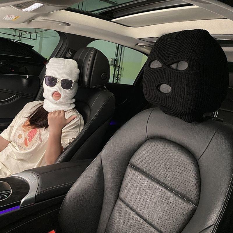 Stretchy Plush Car Headrest Cover Balaclava Design Theft Prevention Funny Holiday Car Interior Decoration for Long Trip