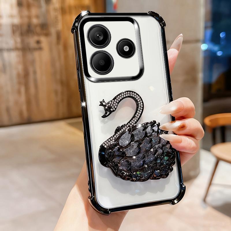 KEYSION Shockproof Plating TPU Phone Case for Remdi Note 14 4G 5G Glitter Jewelled Swan Kickstand Cover for Redmi Note 14