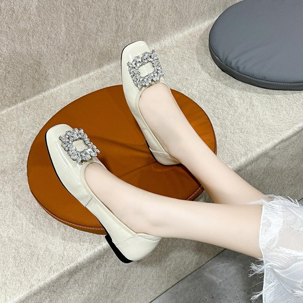 Flache Schuhe Damen Frühling und Sommer quadratische Schnalle Strass flacher Ausschnitt kleine Einzelschuhe quadratische Spitze einschlupf Slipper