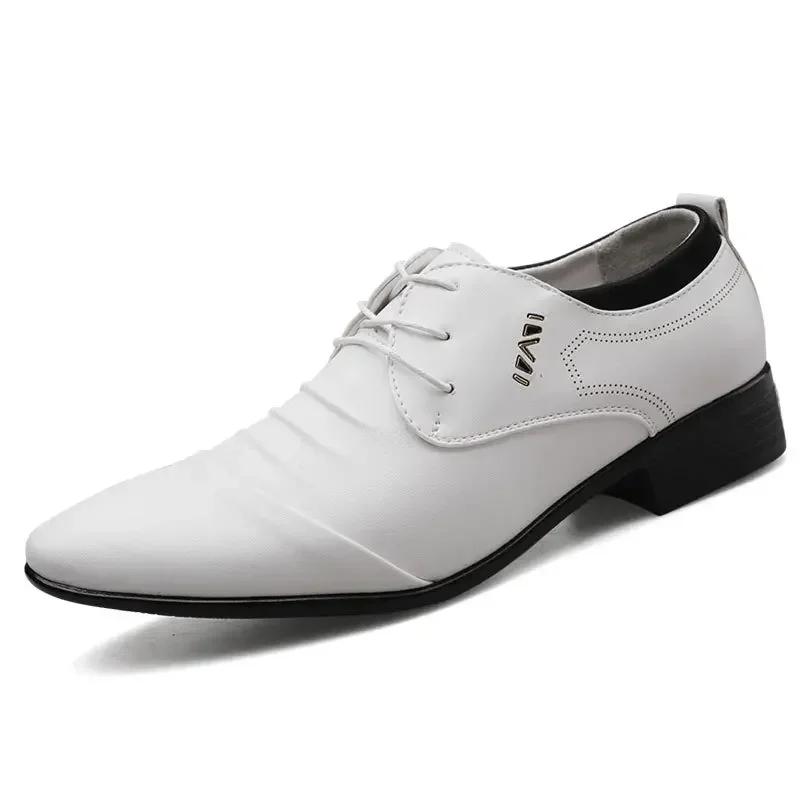 New Classic Men's Formal Shoes with Lace Up White Leather Shoes, Plus Size Pointed Business Casual Men's Wedding Formal Shoes