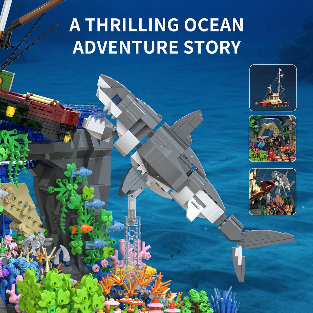 2932 PZ Squalo Bianco Barca da Pesca Blocchi da Costruzione Scena Oceanica Modello Mattoncini Ornamenti da Scrivania Giocattoli Educativi Fai-da-te Regali per Bambini