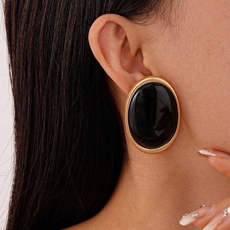 Vintage Red Resin Stud Earrings for Women Luxury Geometric Gold Color Large Oval Earrings Party Wedding Ear Jewelry Wholesale