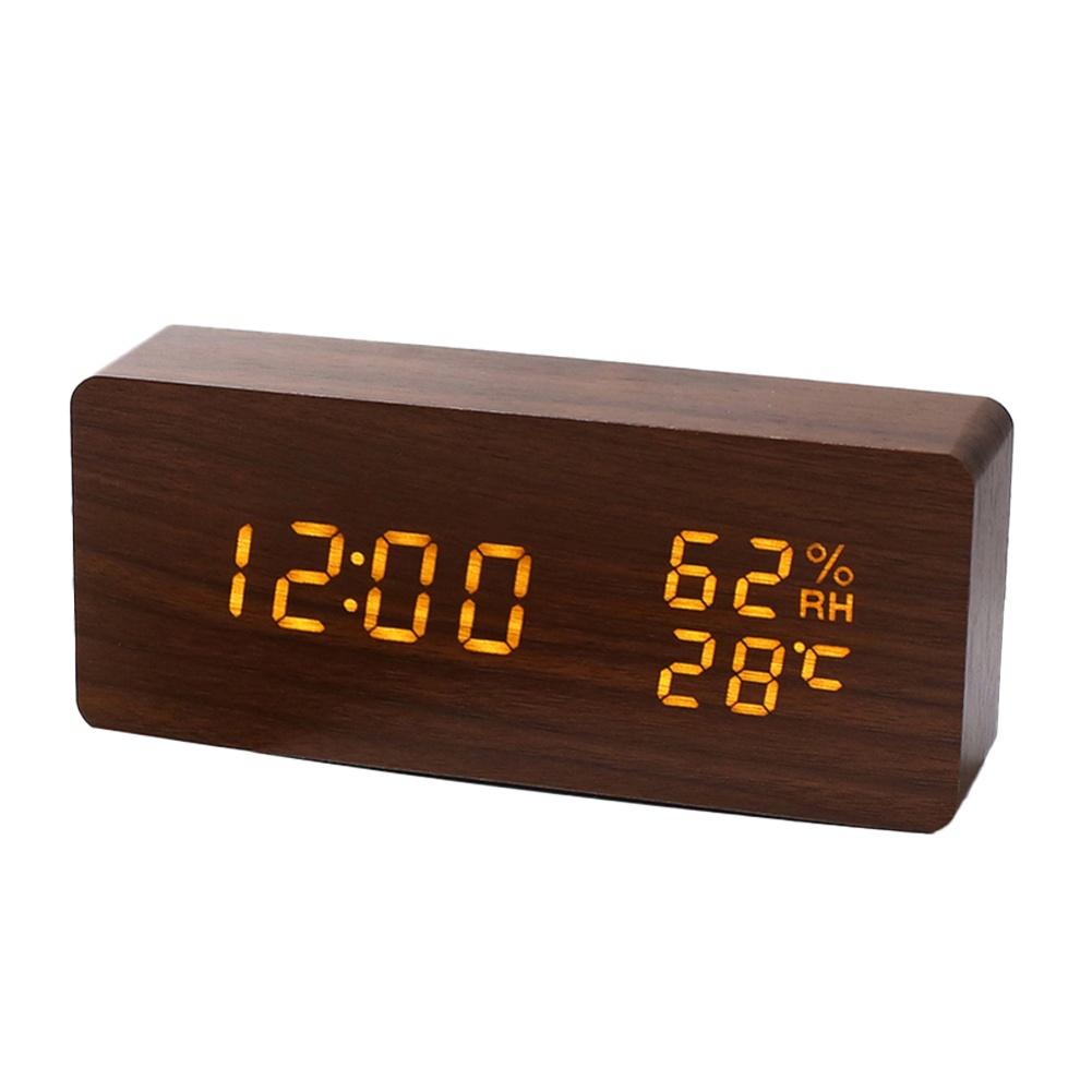 Stiller Holzwecker mit einstellbarer Helligkeit, Thermometer und Hygrometer, USB-betrieben für Schlafzimmer oder Büro