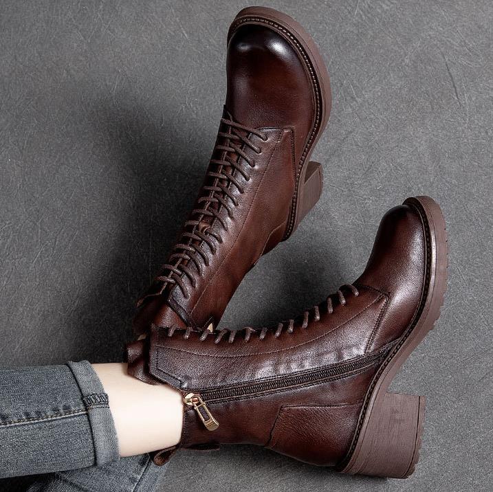 Fashion 2025 Handmade Retro High Heel Boots Women Autumn Winter Full Cow Leather Round Toe Zipper Trend Warm Mid-Calf Boots Female