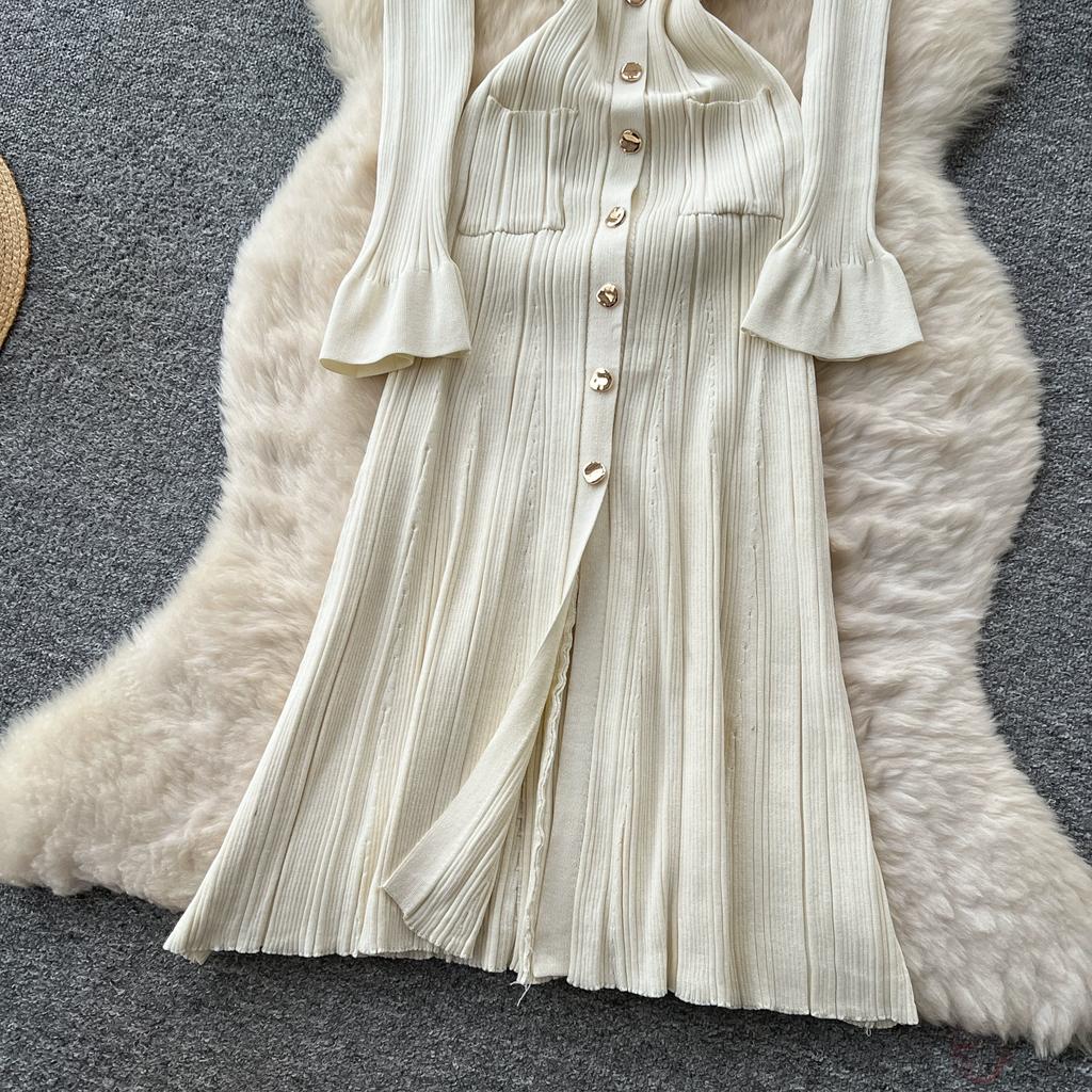 Toamnă Primăvară Femei Rochii de Petrecere de Pe Catwalk Mânecă Largă Pulover Tricotat Nasturi Unici Rochie Lungă Maxi Tip Sirenă