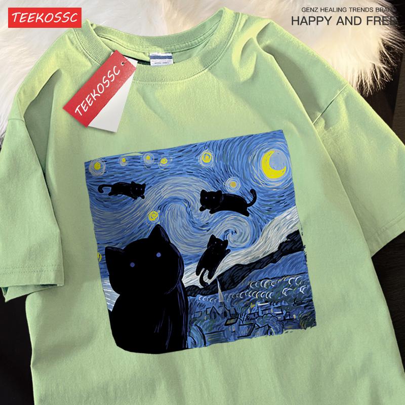 Oil Painting The Starry Cat Night Tshirt Men Women Casual Breathable Summer Tshirts Oversized Loose T Shirt Cotton Clothing