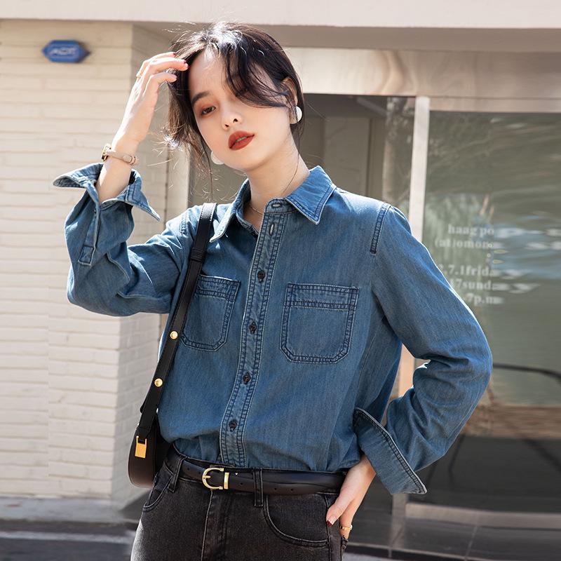 2025 Women's Chic Retro Denim Shirt - Soft Cotton, Long Sleeve, French Style for Spring/Autumn