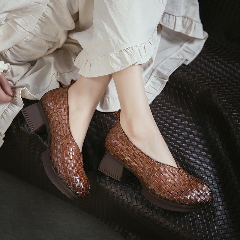 Spring New Arrival Handmade Woven Loafers, Top Grain Cowhide Comfortable Slip On Shoes for Women