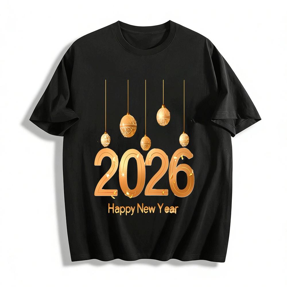 2026 Happy New Year Gold Print Casual Loose Fit Top Pure cotton T-shirt XXS