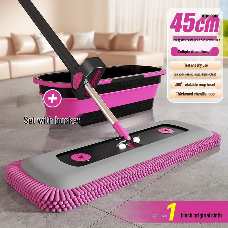 Home Lazy Dual-Use Chenille Mop: Large Panel, No-Wash, Rotatable Head, Dry/Wet Cleaning.