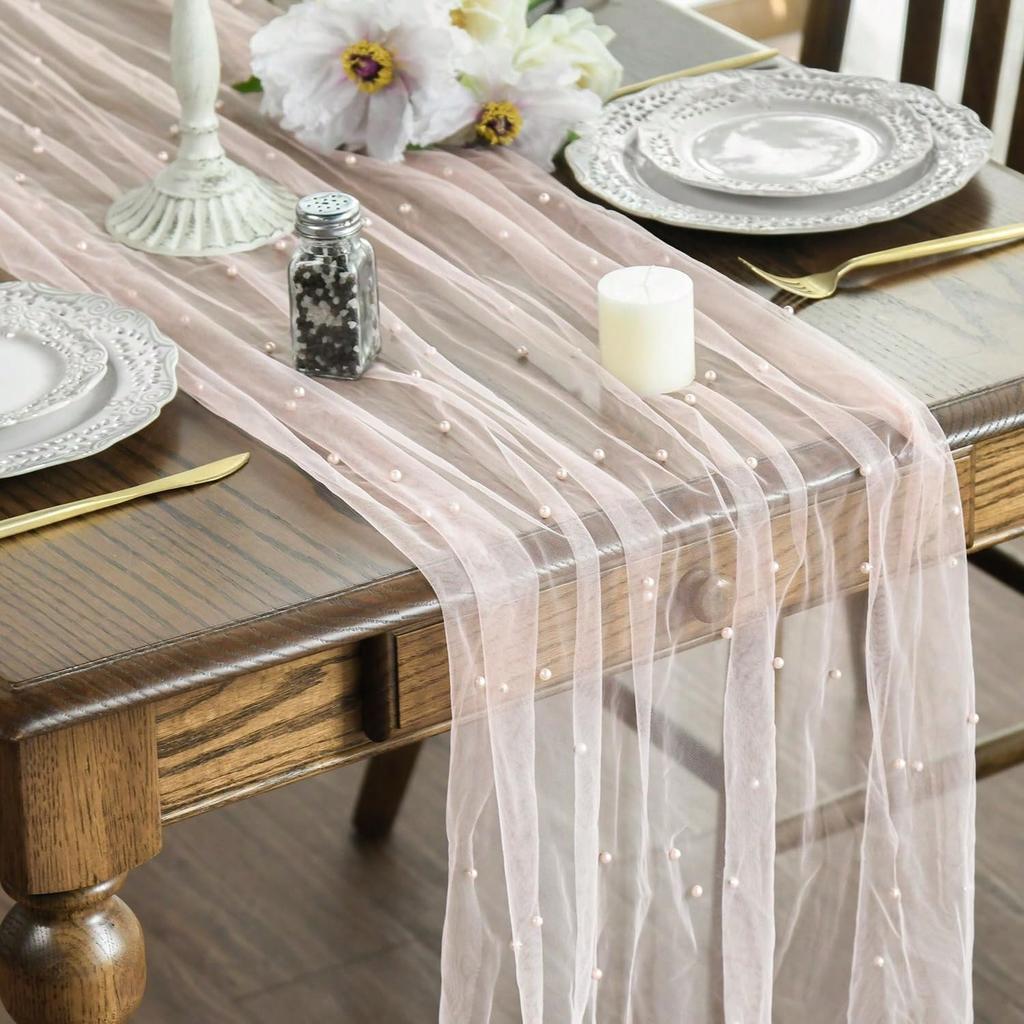 Luxurious Pearl Tulle Table Runner, 120 Inches Seasonal Tulle Table Decoration Suitable For Holidays Weddings  Birthdays  Family Gatherings.