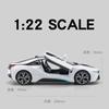 1:22 BMW I8 Sportwagen Legierung Druckguss Modellauto Fahrzeug Sammlung Simulation Ton & Licht Spielzeug Auto Kinder Geburtstag Tag Geschenke