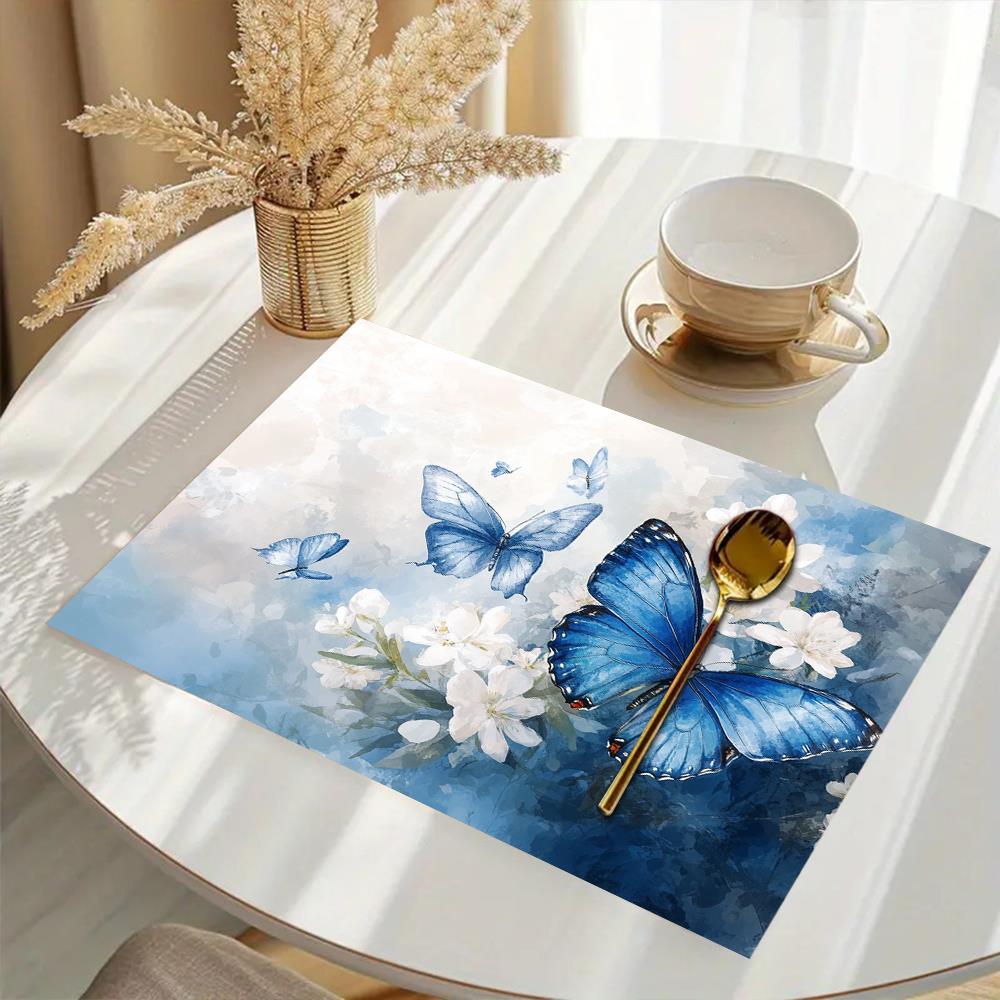 4pcs Blue Butterfly Floral Placemats 12x18 Inch - Elegant White & Blue Table Mats with Intricate Butterfly Design, Durable Polyester Fabric