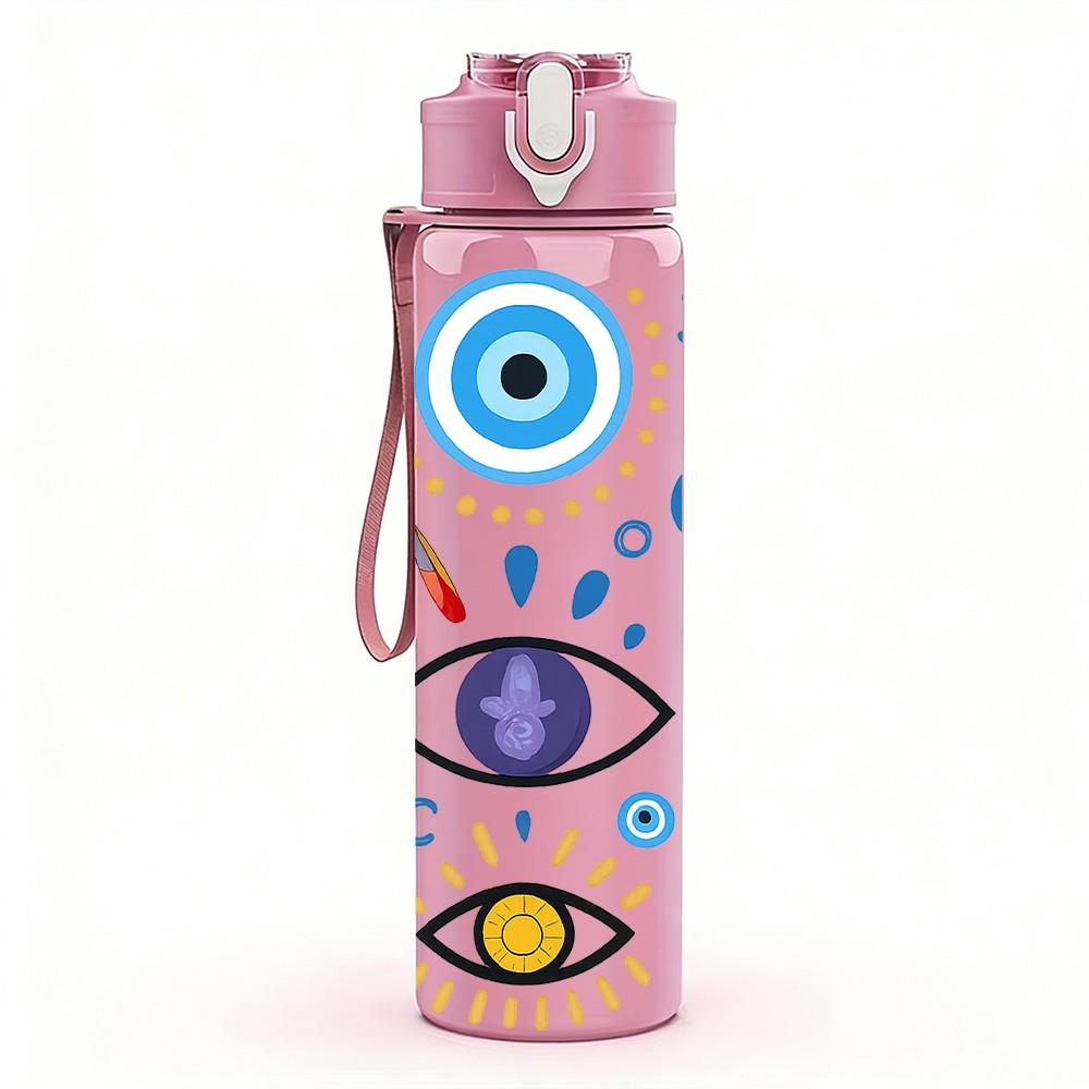 1PC Evil Eye Pattern Art 750ml Color Plastic Sports Water Bottle Leakproof Flip Straw Lid Suitable for Sports Office Home Use