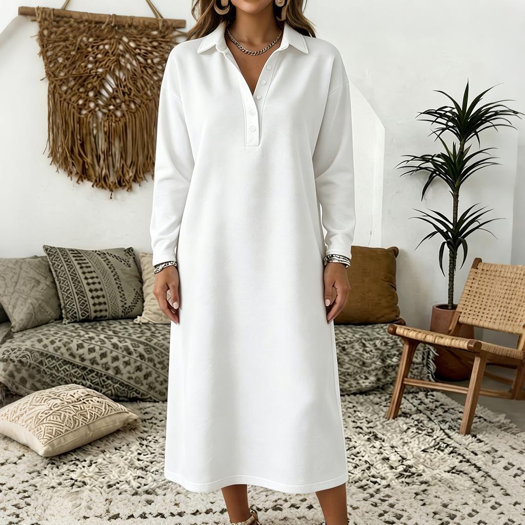 Women's Knit Sweatshirt Dress with Shirt Collar Long Sleeve Button Front Casual Midi Dress for Everyday Wear