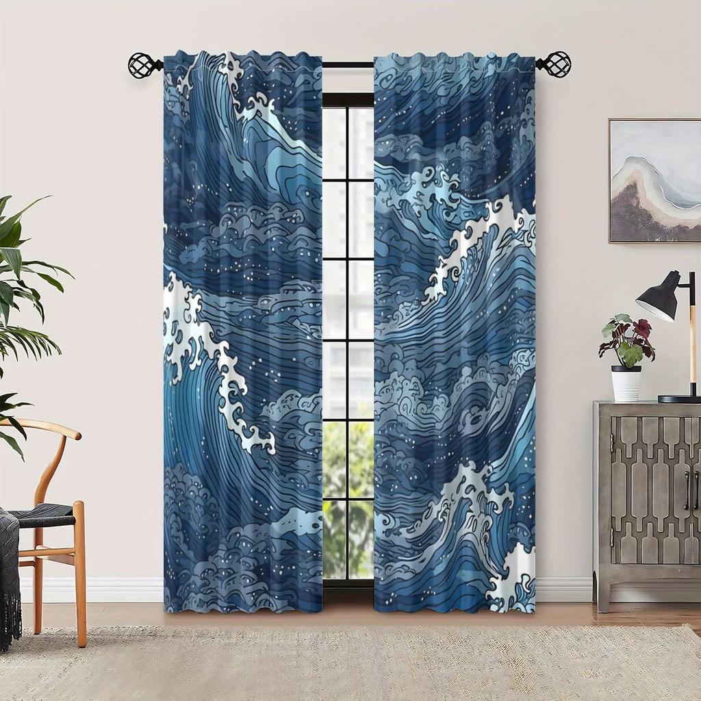 2PCS Digital Printed Curta, Deep Sea Waves Ocean Blue Marine, Window Treatments for Living Room Bedroom Kitchen Home Decor