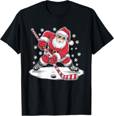 Funny Christmas Santa Playing Ice Hockey Xmas Sport T-Shirt